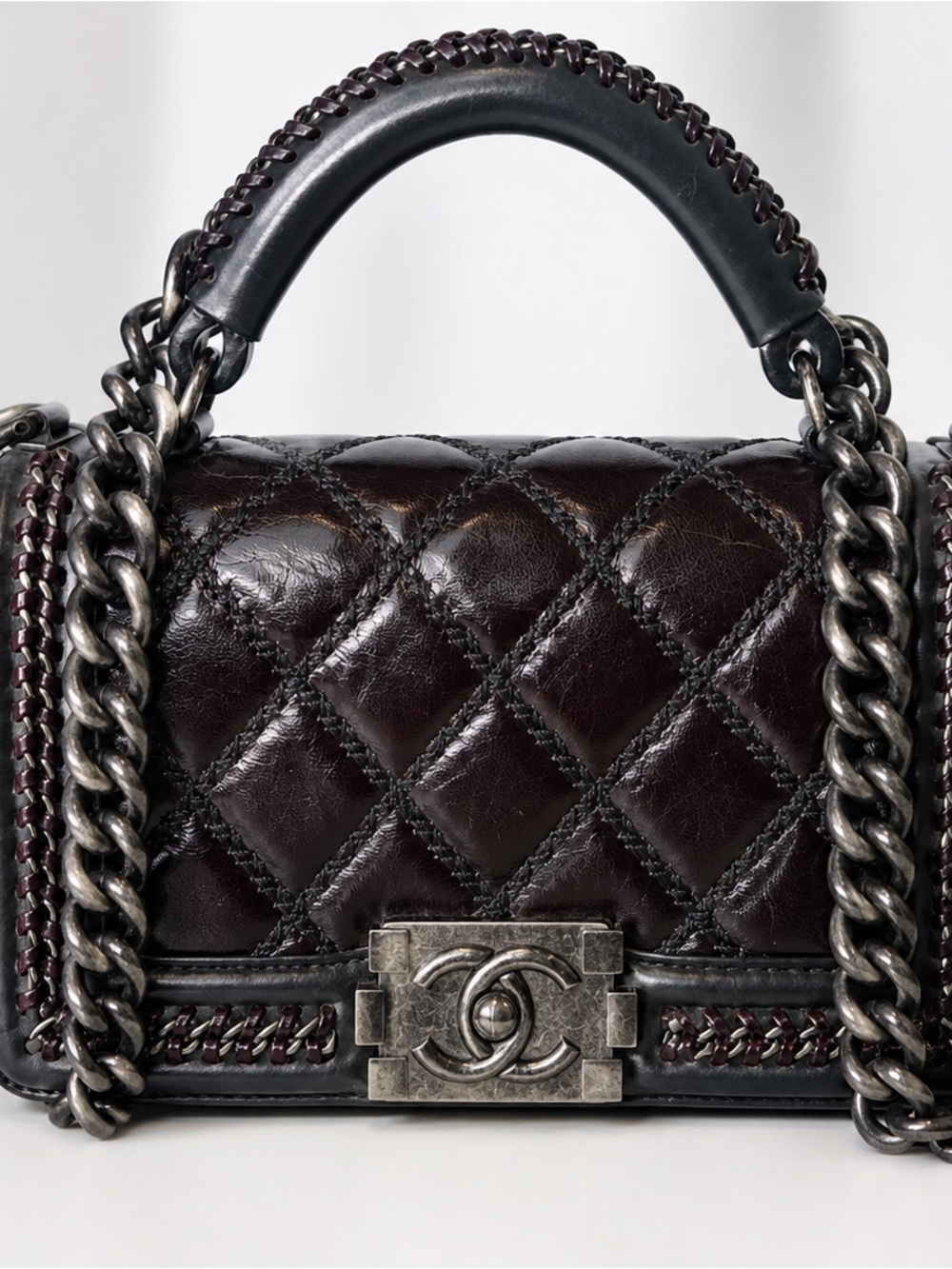 CHANEL Boy 2-Way Chain Shoulder Bag Black Brown Quilted Top Handle 8”